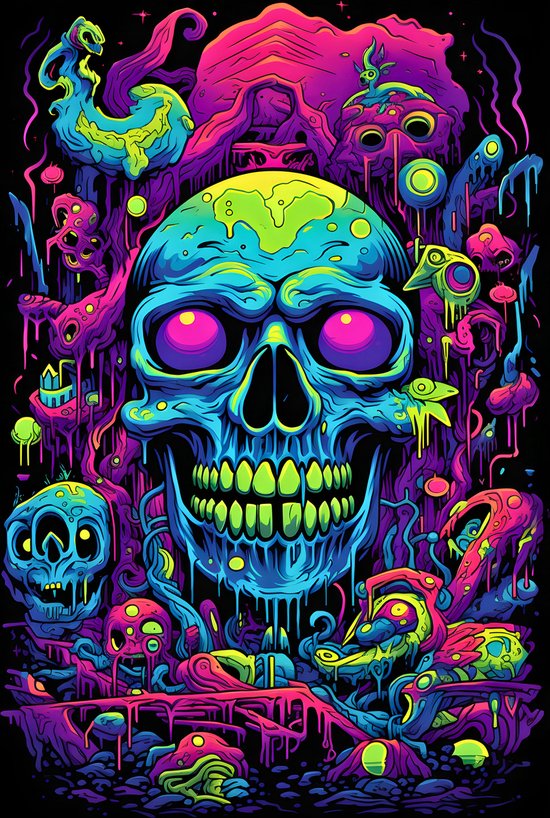 Neon Skull Groen | Neon Poster | Old School Punk Poster | 51x71cm | Wanddecoratie | Muurposter | MT | Geschikt om in te lijsten