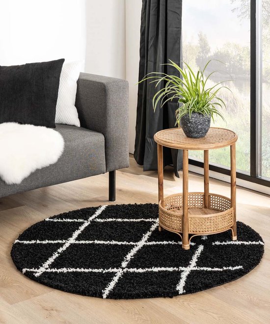 Rond hoogpolig vloerkleed ruiten Habitat - zwart/wit 100 cm rond