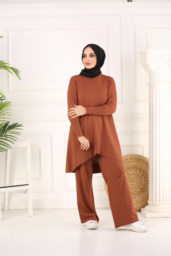 Dames combi 2-delig loungewear lang hijab | Bruin