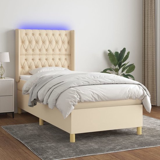 The Living Store Boxspring Bed - Crème - 203x93x118/128 cm - Verstelbaar hoofdbord - Kleurrijke LED-verlichting - Pocketvering matras - Huidvriendelijk topmatras