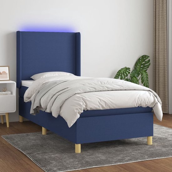 The Living Store Boxspring Bed - Blauw - 203 x 83 x 118/128 cm - LED verlichting - Pocketvering matras - Huidvriendelijk topmatras - Montagehandleiding inbegrepen