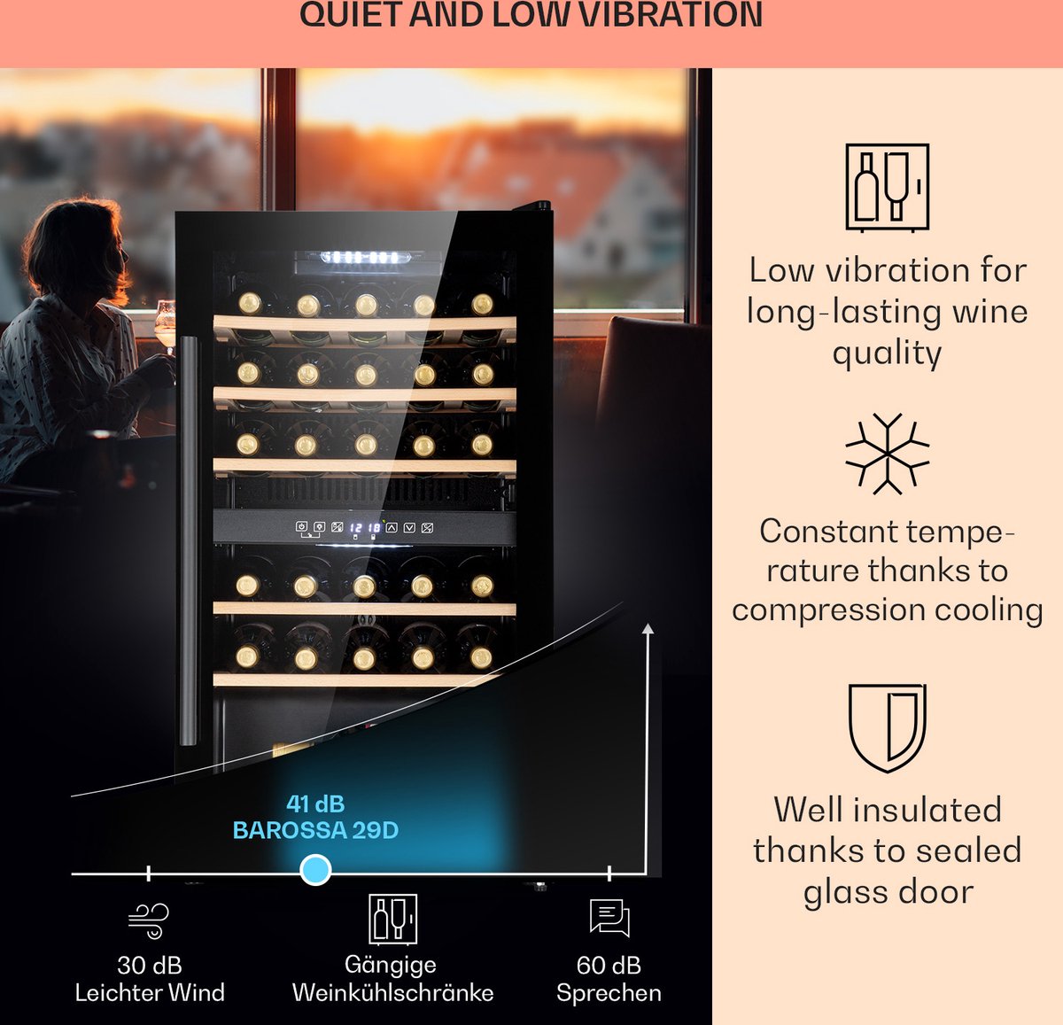 Klarstein Wijnkoeler Barossa 29 Duo Wijnkoelkast - 29 Flessen - 80 Liter - 2 Zones - Toetsbediening - Zwart - 43 cm - voor Bar - Houten Schappen - Wine Cooler Wine Fridge Wijnklimaatkast Wijnkast – foto 3