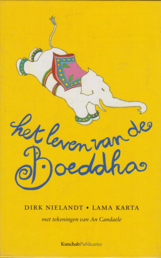 Gele kaft met een witte olifant met een roze deken met groene patronen. Tekst: "het leven van de Boeddha".