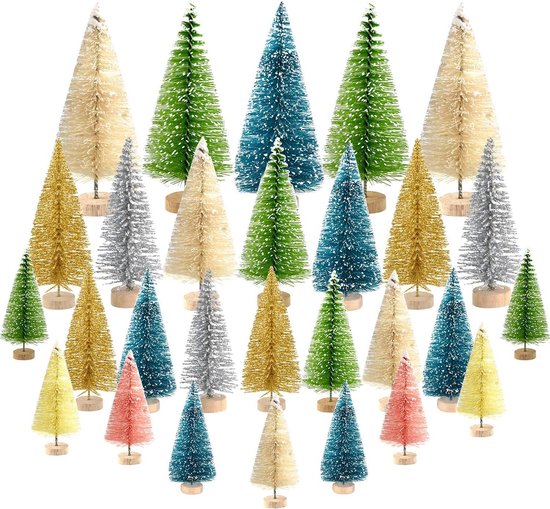Foto: 36 stks multicolor mini sisal bomen fles borstel bomen mini dennenbomen met houten basis sneeuw frosted bomen winter sneeuw ornamenten tafelblad bomen voor kerstversiering diorama modellen
