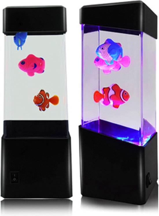 i-Total Bubbel Lamp Met Vissen - Mini Aquarium - Lavalamp - Met 3 Nepvissen - Led Verlichting - Meerdere Kleuren - Inclusief Kabel - 23cm - Zwart