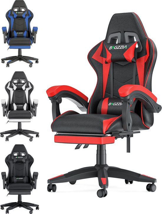 Chaise gamer ergonomique - Chaise de bureau - Avec appui-tête, support lombaire et repose-pieds - Réglable en hauteur