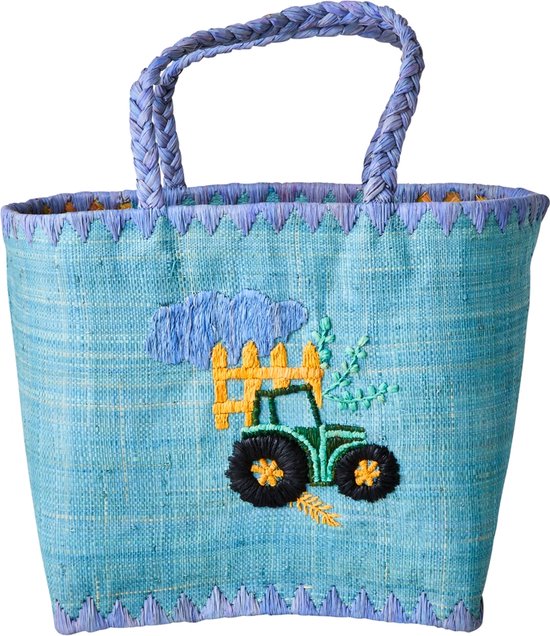 Rice raffia tas, model shopper, in blauw met tractor, medium