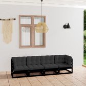 The Living Store Tuinbank Grenenhout - 4-zits - Zwart - Antraciet kussen - 70x70x67 cm