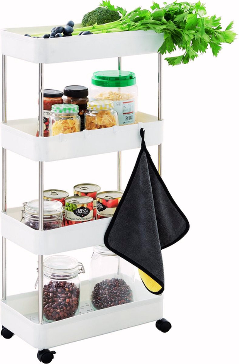 4-laagse Opslagtrolley met wielen - Trolley of rek voor Keuken, Kantoor & Badkamer - 40 x 22 x 86 cm - wit