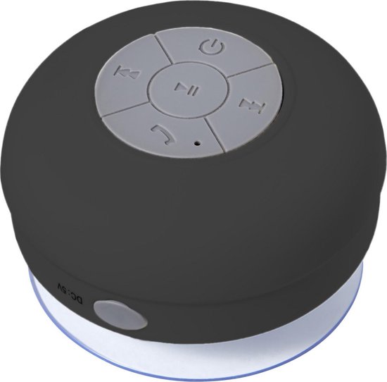 Bluetooth douche speaker zwart, draadloos, spatwaterbestendig, 2W, handsfree bellen, zuignap, USB opladen