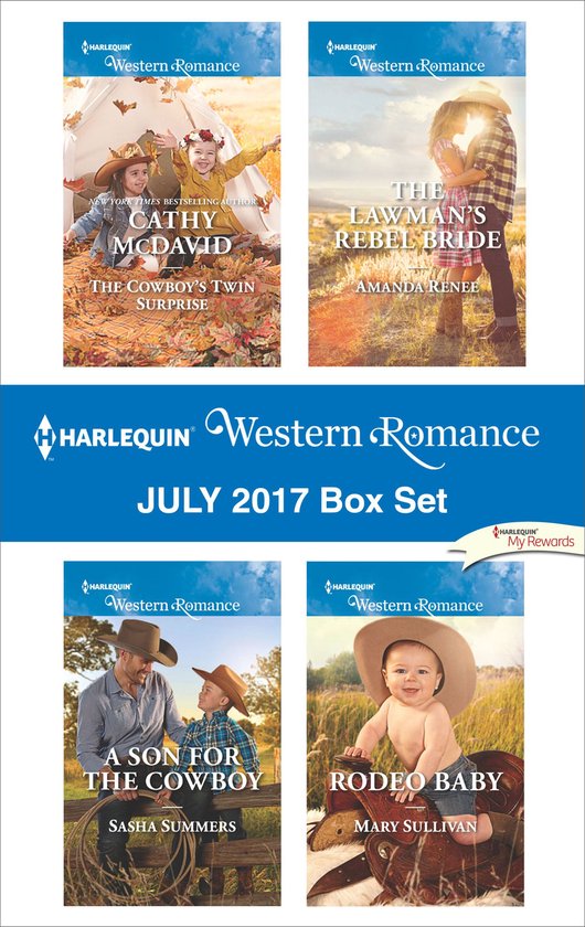 De "Harlequin Western Romance July 2017 Box Set" bevat vier boeken: twee kinderen in cowboyhoeden en herfstbladeren, een koppel dat elkaar omhelst, een vader en zoon met cowboyhoeden, en een baby met een cowboyhoed.
