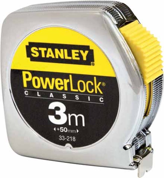 Stanley PowerLock Classic rolbandmaat van 3 meter met metalen behuizing en gele blokkering.