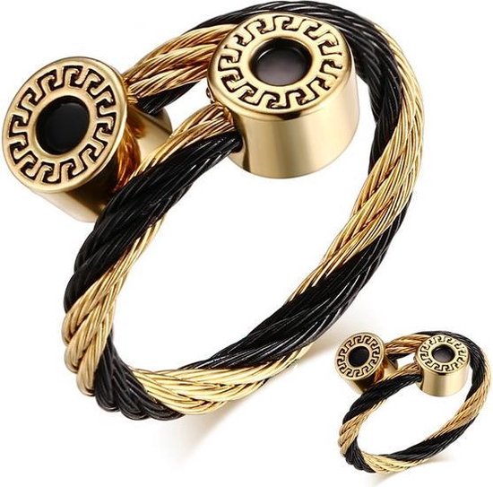 wijsheid Zij zijn Marxistisch Luxe sieraden set - armband met ring - 316L staal - goud en zwart verguld |  bol.com