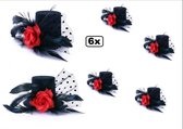6x Mini hoedje zwart roos/veren/gaas