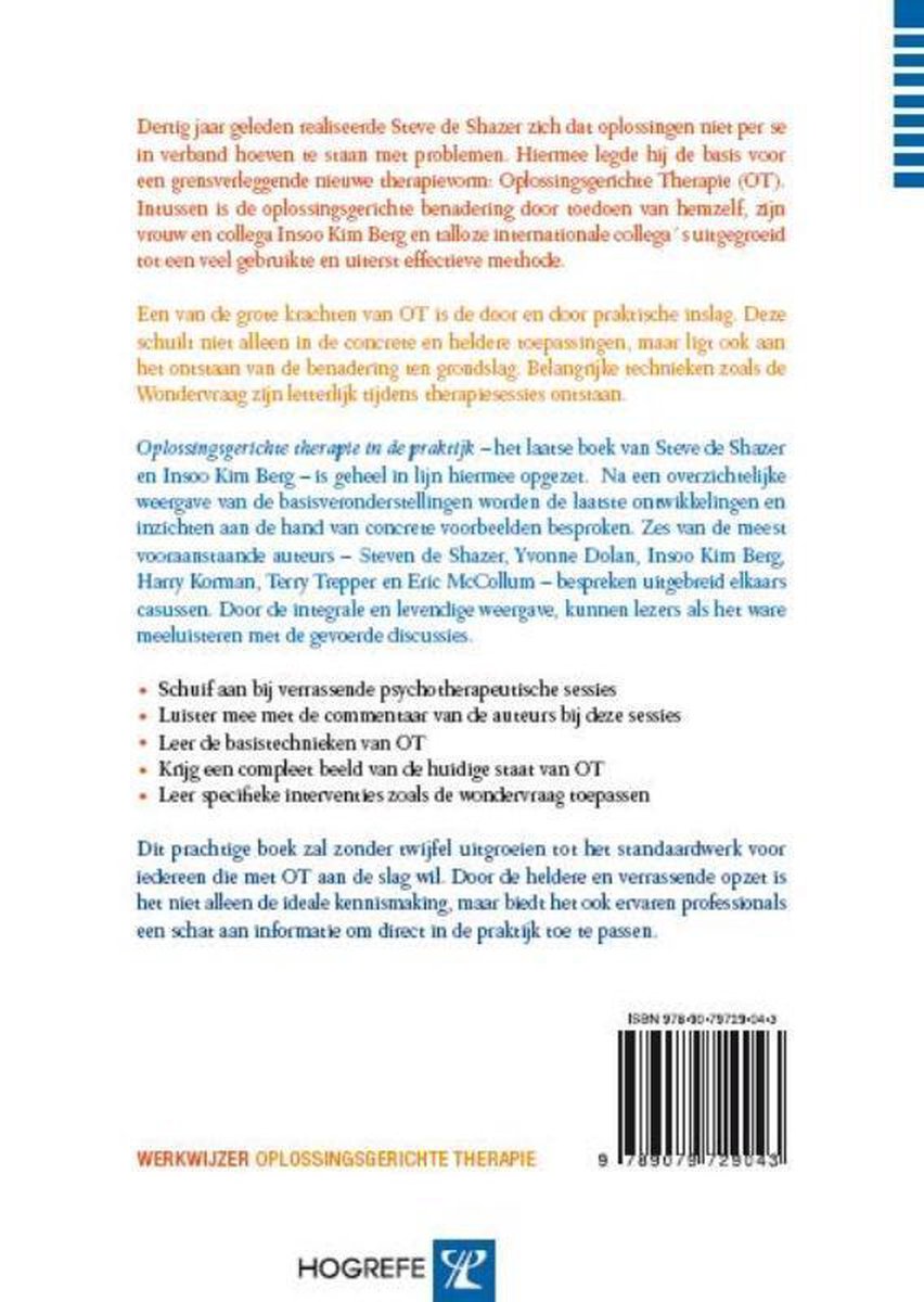 Achterkant van het boek 'Oplossingsgerichte therapie in de praktijk', met ISBN en een korte beschrijving.