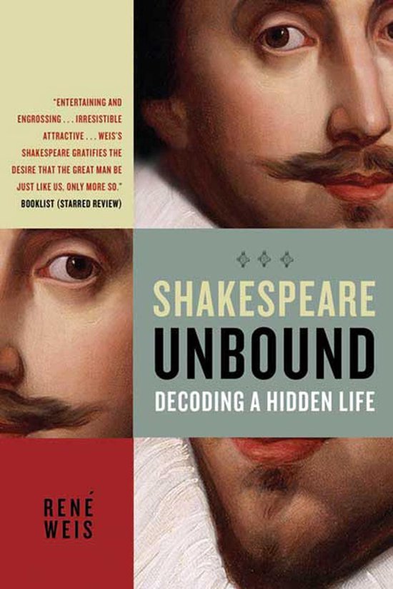 Boek met een close-up van het gezicht van Shakespeare, met de tekst 'SHAKESPEARE UNBOUND DECODING A HIDDEN LIFE'.