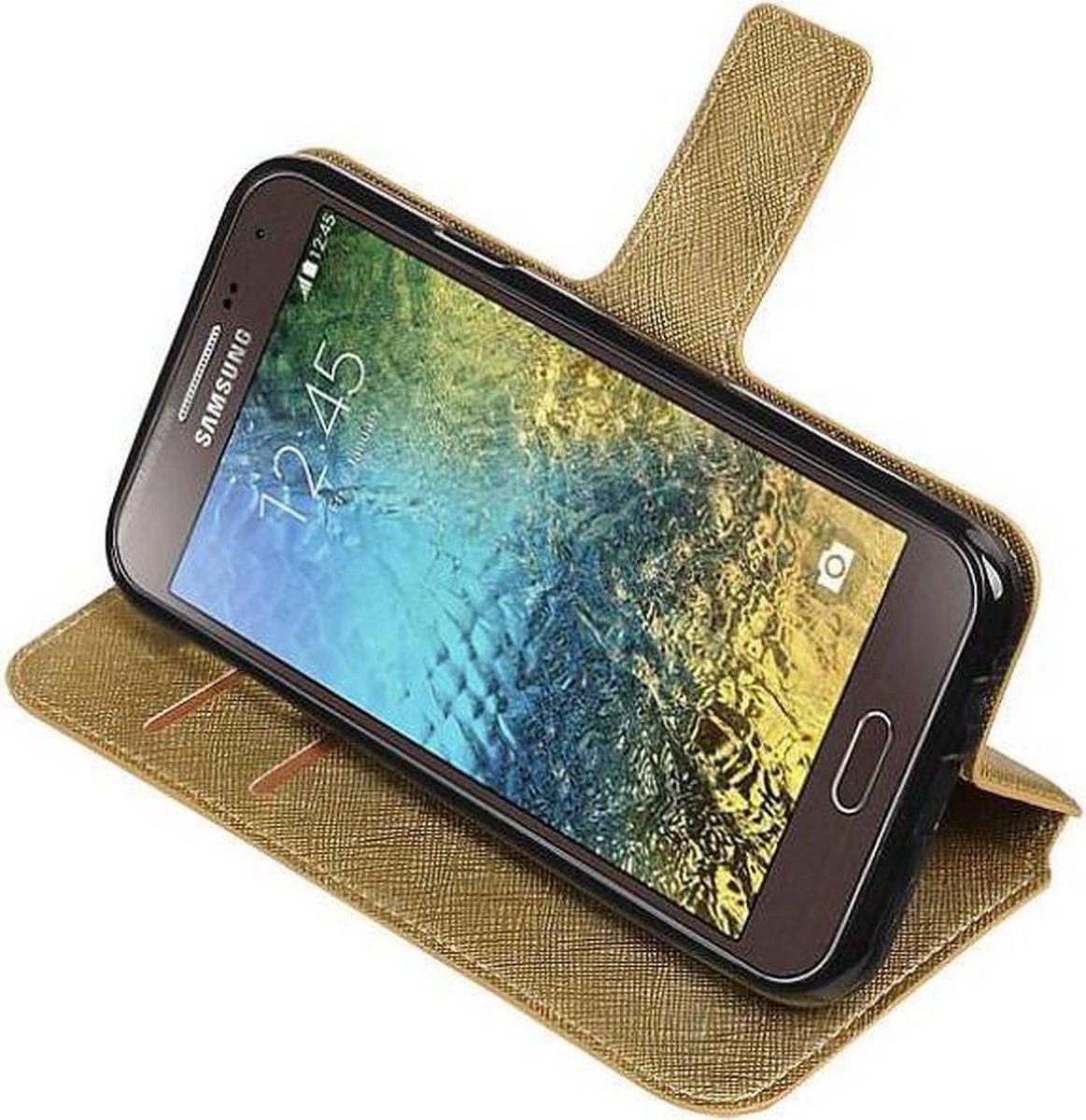 Cross Pattern TPU Bookstyle Wallet Case Hoesjes Geschikt voor Samsung Galaxy E5 Goud