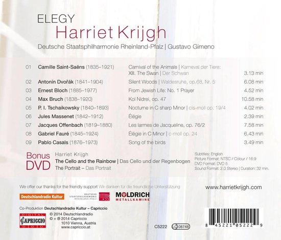 CD hoes met 'ELEGY' en 'Harriet Krijgh' in paarse letters, met tracklist en logo's.