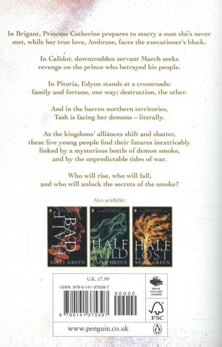 De achterkant van de 'The Smoke Thieves' boekcover, met een samenvatting, de titels 'Half Bad', 'Half Wild', 'Half Lost' en de ISBN-gegevens.