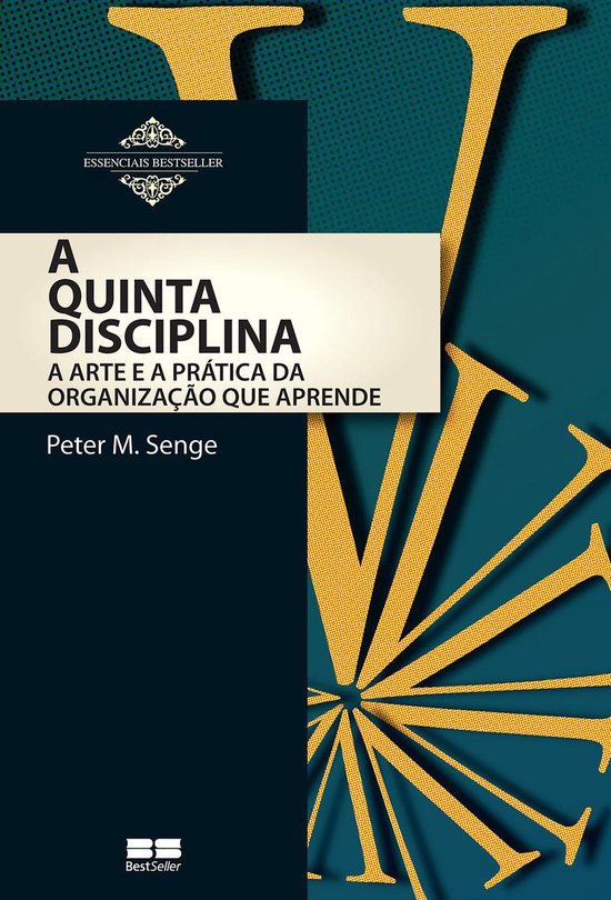 Boek "A Quinta Disciplina" met gele tekst op een donkerblauwe achtergrond met gouden patronen.