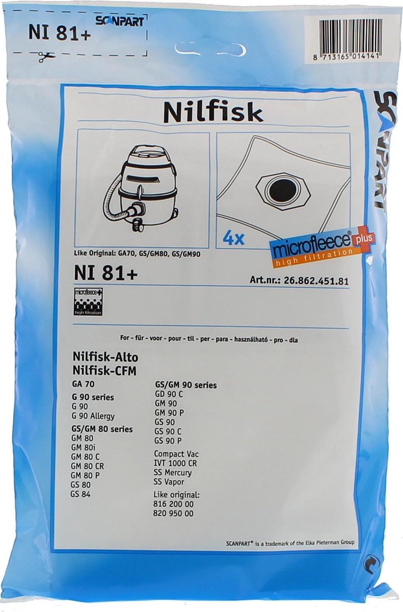 Scanpart stofzuigerzakken 4 stuks - Geschikt voor Nilfisk GA70 GM80 GM90 GS80 GS90 - Inclusief 1 filter - Alternatief