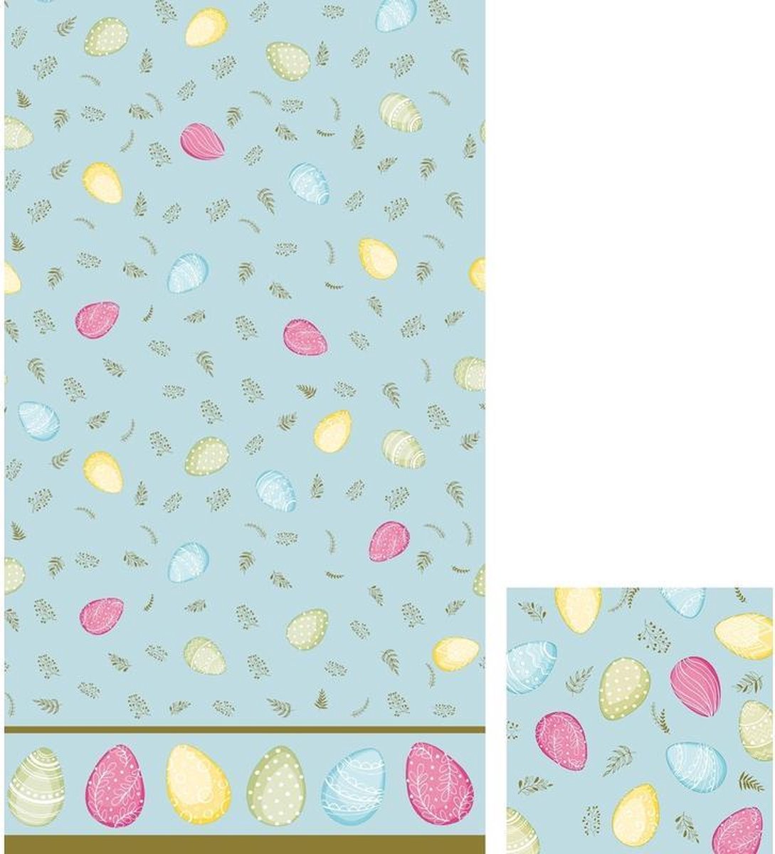 Pasen tafeldecoratie set eieren tafelkleed/servetten pastel blauw - Pasen thema papieren tafeldecoraties - duni