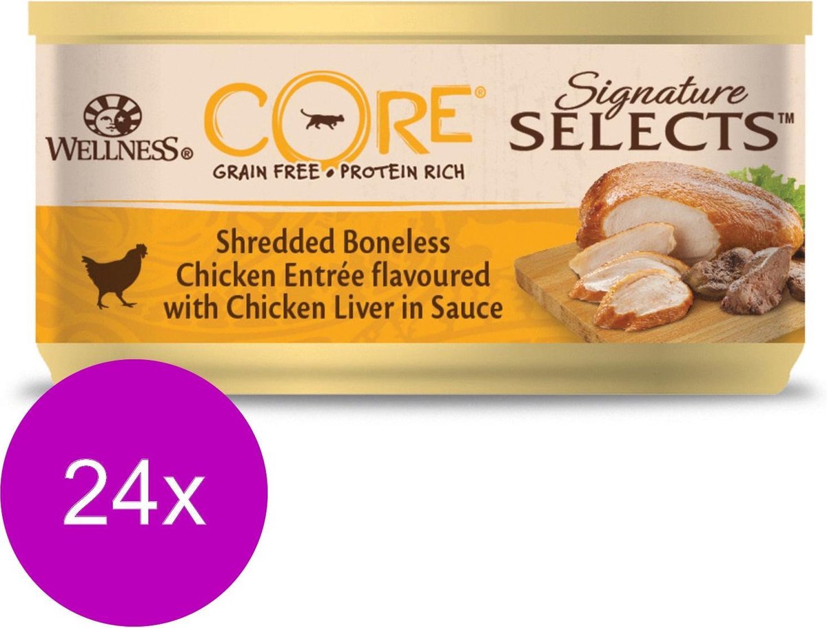 24x Wellness Core Kattenvoer Signature Selects Shredded Kip – Kippenlever 79 gr