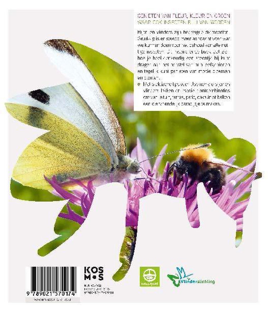 Een witte koolvlinder met gele vleugels en een hommel op een paarse bloem. De bloem is in de vorm van een insect.