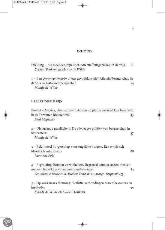 Paginainhoudsopgave met de titel "INLEIDING" en een lijst met hoofdstukken, waaronder "Affectief burgerschap" en "Relationele pijn".