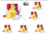 6x Mini hoedje rood/wit/geel roos/veren/gaas