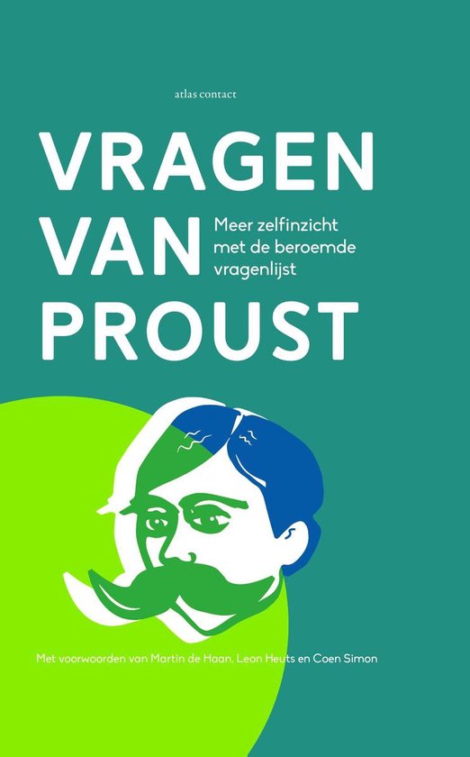 Boek 'Vragen van Proust' met een illustratie van Marcel Proust in blauw en groen.
