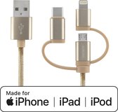 DELTACO IPLH-596 USB naar USB-C / Micro-USB / Lightning combikabel MFi  - Geschikt voor Apple - 1 meter - goud