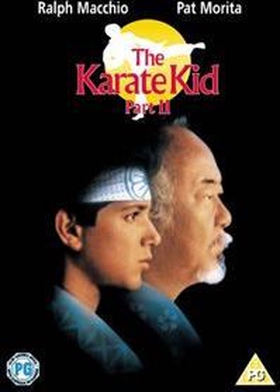 Promotionele poster voor 'The Karate Kid Part II' met de acteurs Ralph Macchio en Pat Morita.