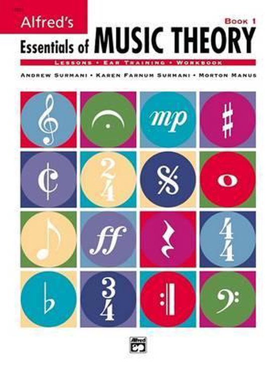 Livre 'Essentials of MUSIC THEORY Book 1' avec une grille de 16 cercles colorés présentant des symboles musicaux.