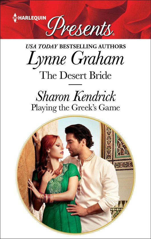 Twee Harlequin-romans: 'The Desert Bride' van Lynne Graham en 'Playing the Greek's Game' van Sharon Kendrick. Een koppel in traditionele kleding leunt tegen een muur.