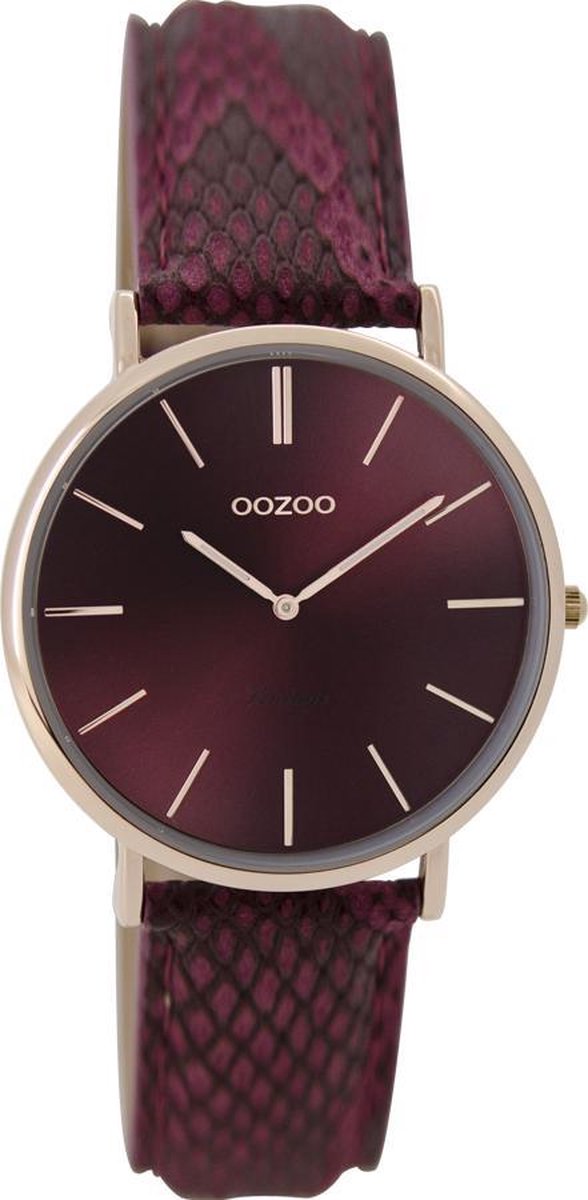 Rosé goudkleurige OOZOO horloge met bordeaux rode leren band - C9306