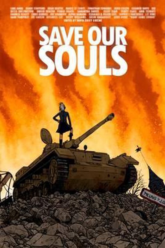 Film poster 'Save Our Souls' met een vrouw op een tank voor een brandende achtergrond.