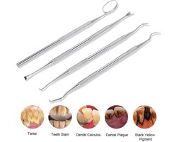 Compleet Tandarts Setje – 4 stuks Tandsteenhaakje – Mondspiegel – Tandarts Gereedschap – Mondverzorging – Stainless Steel
