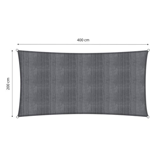 Donkergrijs rechthoekig schaduwdoek van 2 x 4 meter met ringen voor bevestiging.