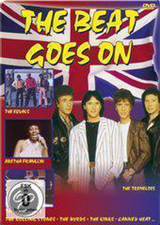 DVD hoes met de titel 'The Beat Goes On'. Een Britse vlag op de achtergrond. Midden vooraan de band The Teardrop Explodes. Links kleine portretten van The Equals en Arthur Franklin.