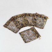 Organza zakjes, 10x12cm, zwart met goud en zilver opdruk. Verkocht per 50 stuks