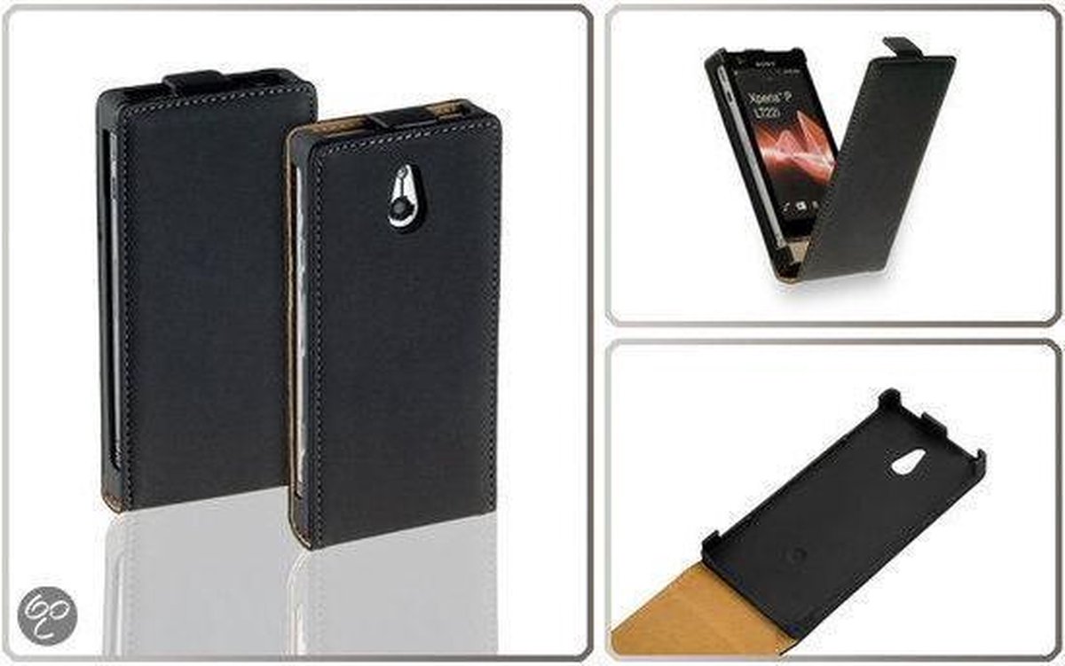LELYCASE Premium Flip Case Lederen Cover Bescherm Hoesje Sony Xperia P Zwart