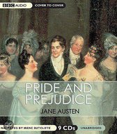 Boek "Pride and Prejudice" van Jane Austen, met een schilderij van mensen in klederdracht. "BBC AUDIO COVER TO COVER", "9 CDs UNABRIDGED"