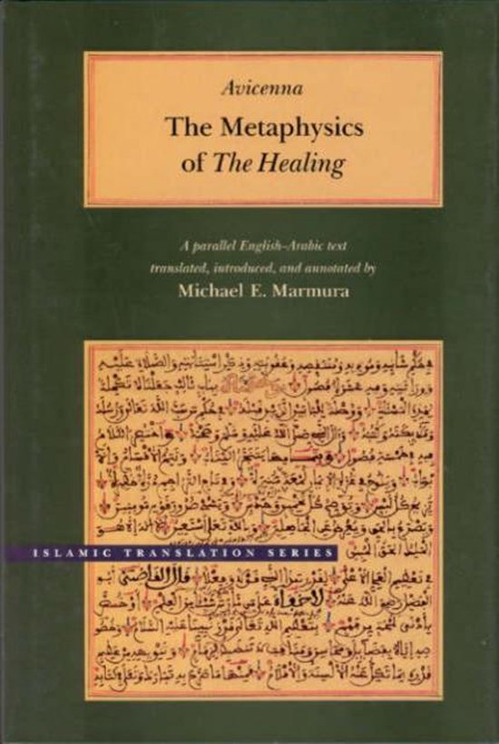 Boek "The Metaphysics of The Healing" door Avicenna, met parallelle Engelse en Arabische tekst.