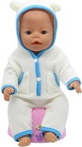 Wit/blauw zachte jongens pyjama/onesie met cappuchon met oortjes - poppenkleertjes voor pop 40-45 cm geschikt voor Baby Born