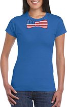 Blauw t-shirt met Amerikaanse vlag strikje / vlinderdas dames - Amerika supporter M