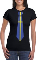 Zwart t-shirt met Zweden vlag stropdas dames L