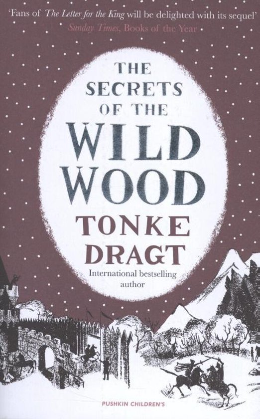 Boekcover 'THE SECRETS OF THE WILD WOOD' met illustratie van een kasteel en paarden.