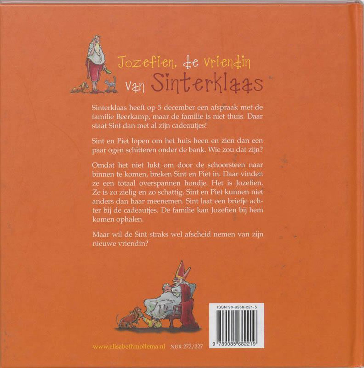Achterkant boek: Tekening van Sinterklaas met hond Jozefien. Tekst over het verhaal en ISBN.