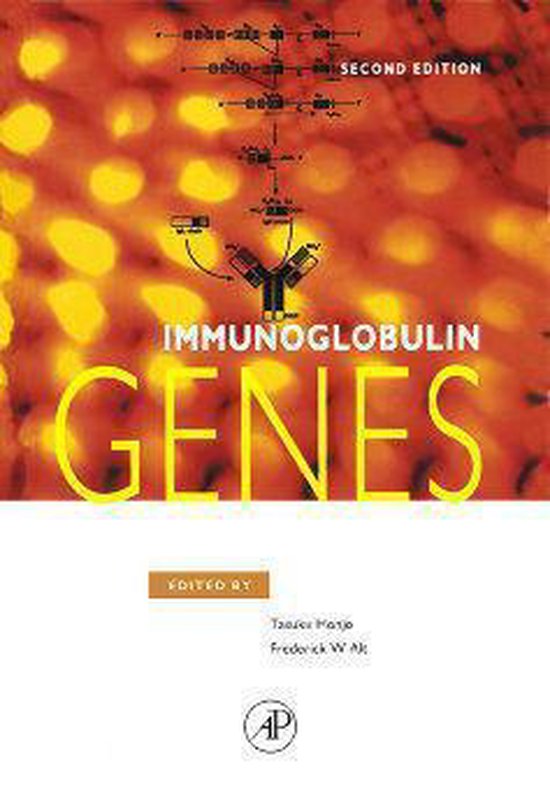 Boekhoes van "Immunoglobulin Genes", tweede editie, met een gele en oranje achtergrond en een wetenschappelijke illustratie van DNA.
